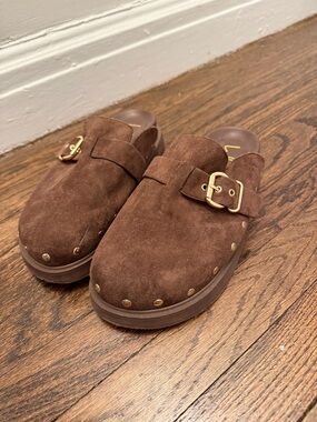 Women’s brown suede “birks” with gold detail